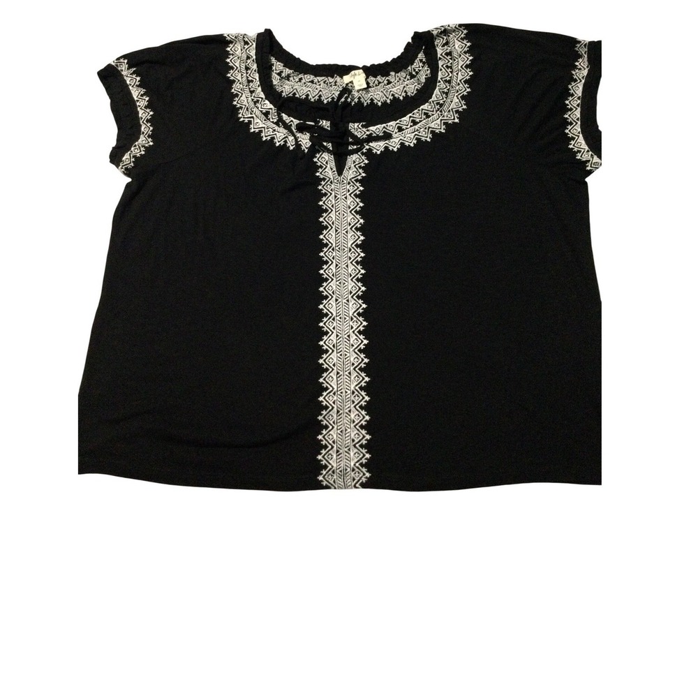 Style & Co Womens 2X BlackEmbroideredPeasant Top Short Sleeve Keyhole Tie Blouse